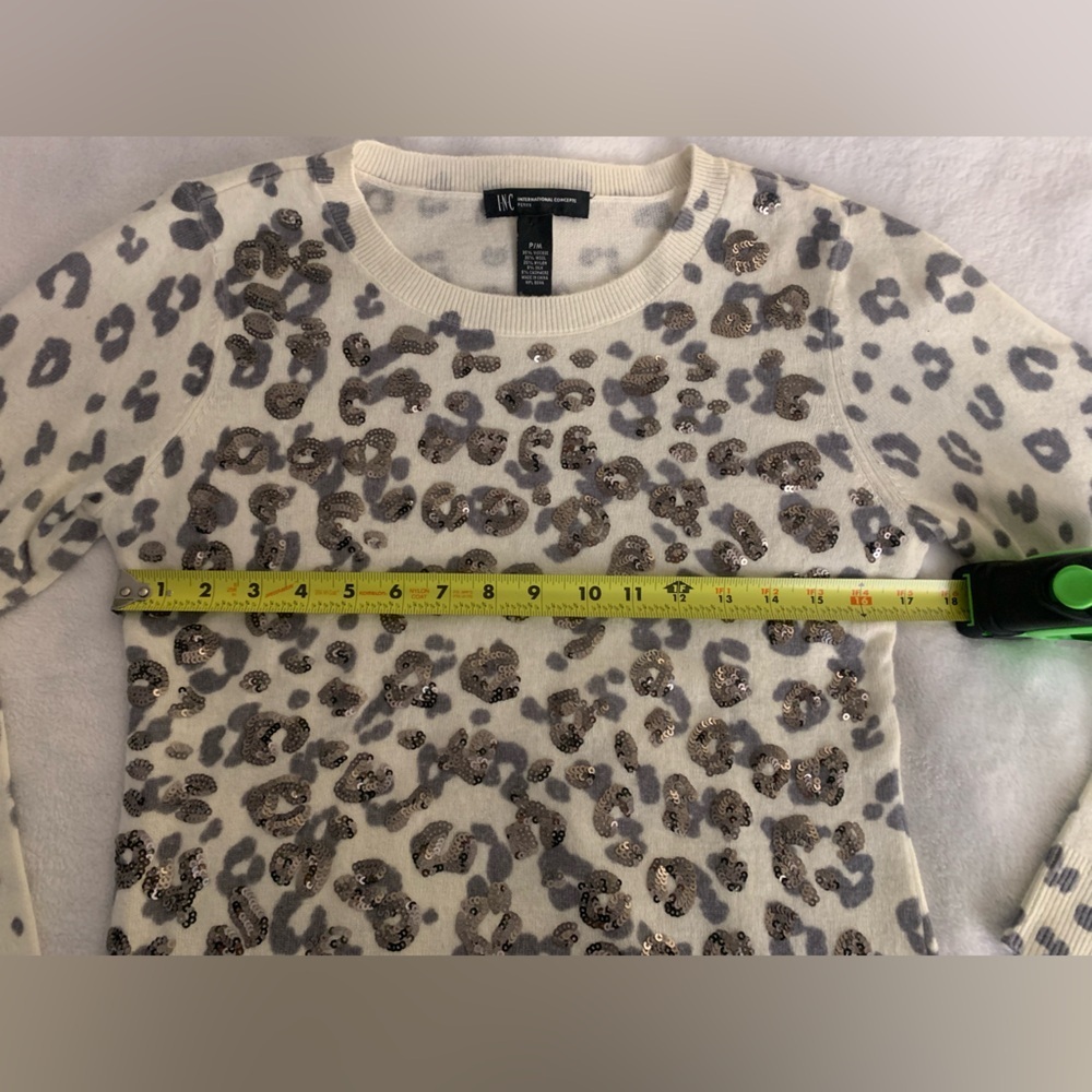 INC Wool Silk Cashmere Blend Sequin Leopard Sweater PM Animal Print Petite M - Picture 9 of 14